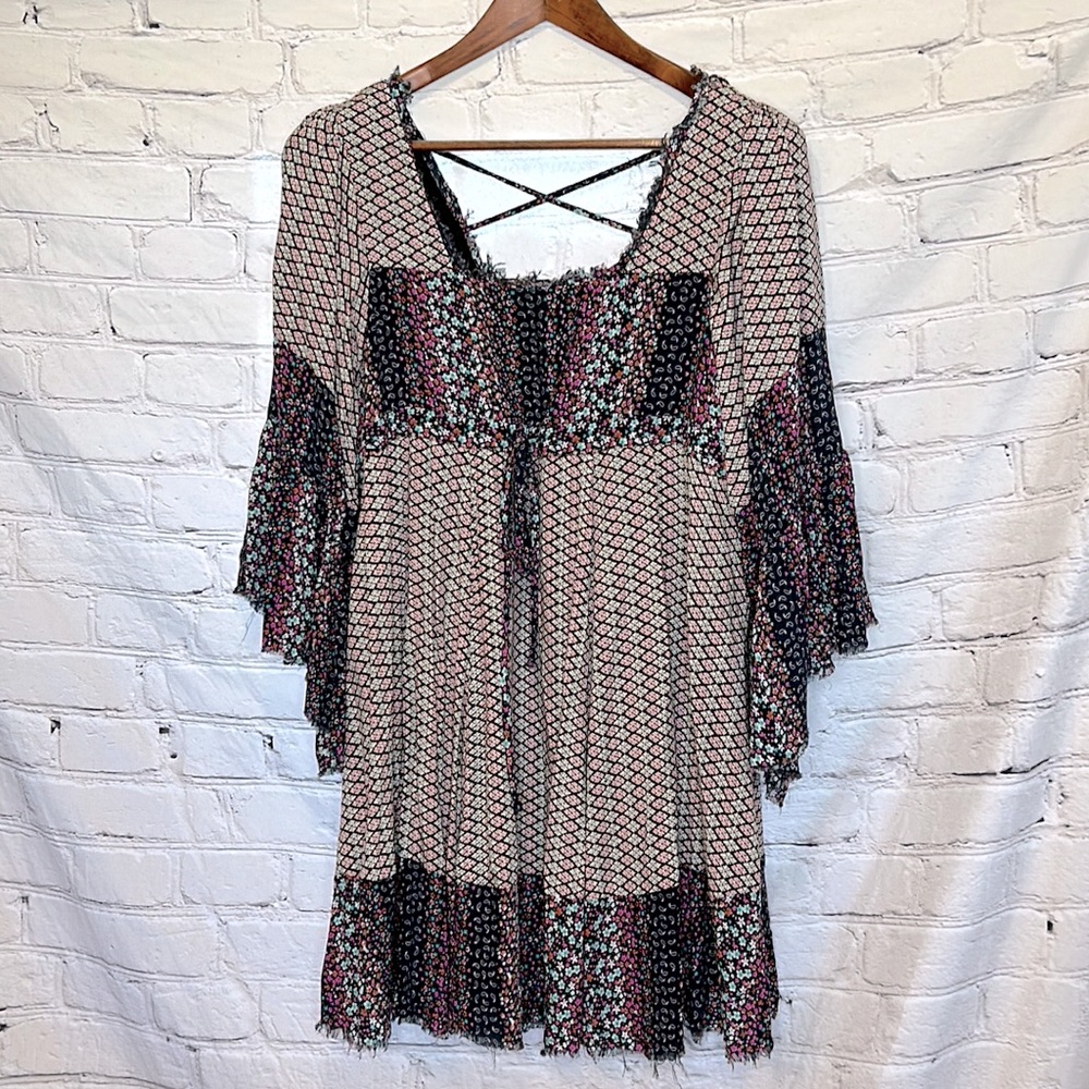 Freeway Black Pink Floral Drawstring Waist Long Sleeve Dress Size Medium